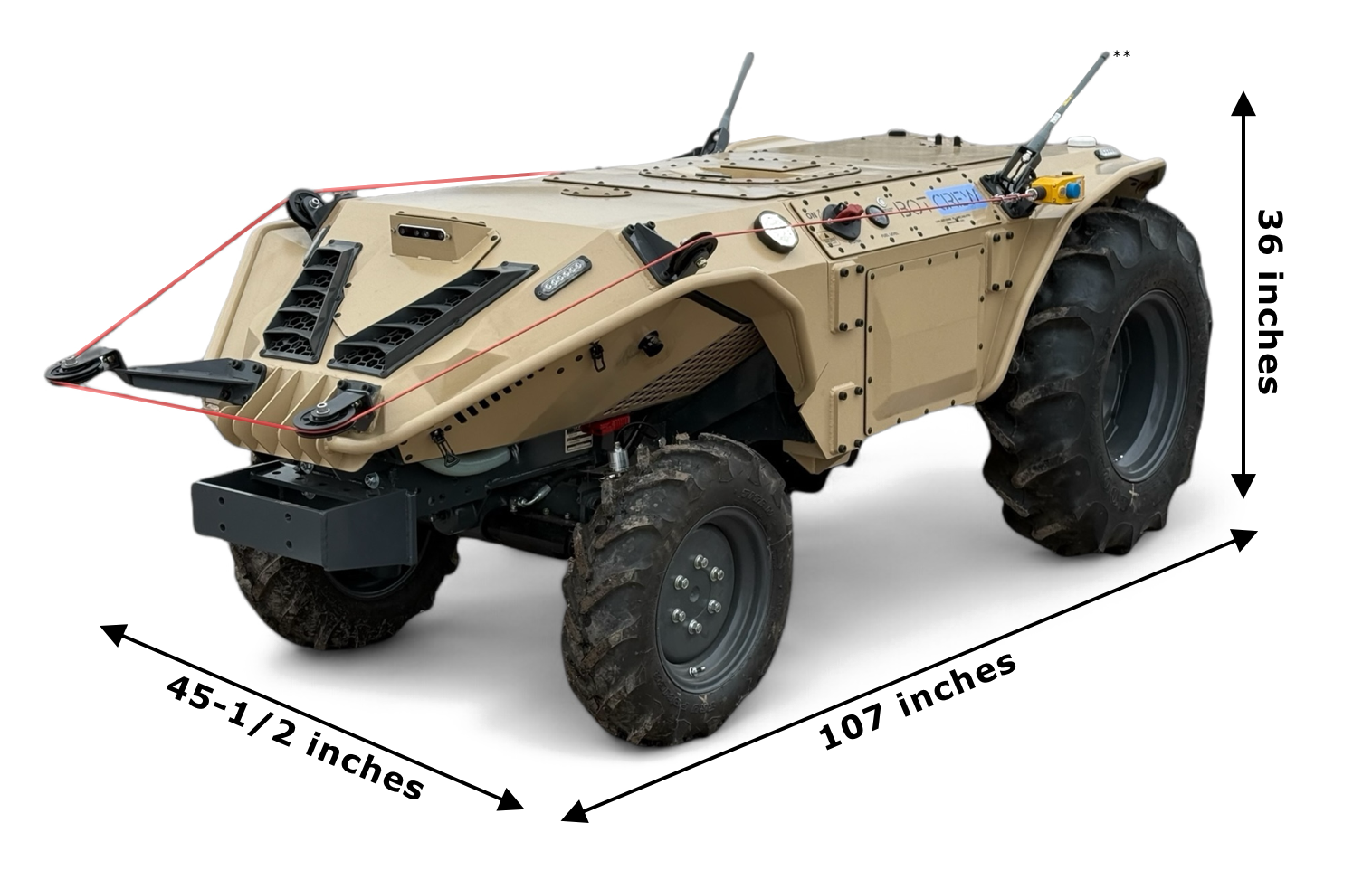 Gravion utility robot with dimensions: 107 in long, 45.5 in wide, 36 in tall
